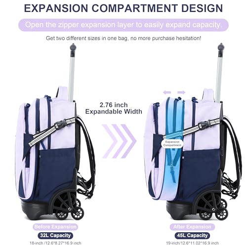 NEW TILAMI 18 Inch Expandable Rolling Backpack Stair-Climbing for School - color: Purple