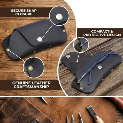 Toprank Slim Leather Glasses Case - Handmade Eyeglass & Sunglasses Holder - color: Black