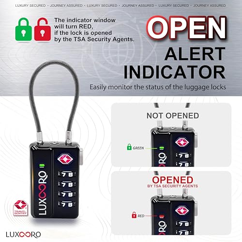 Tool-Less TSA Approved Luggage Lock with Alert Indicator, 4-Digit Resettable Combination, Durable Zinc Alloy Travel Locks for Suitcase, Backpack, Toolbox, Locker, Keyless – Black (2 Pack)