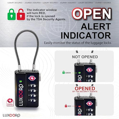 Tool-Less TSA Approved Luggage Lock with Alert Indicator, 4-Digit Resettable Combination, Durable Zinc Alloy Travel Locks for Suitcase, Backpack, Toolbox, Locker, Keyless – Black (2 Pack)