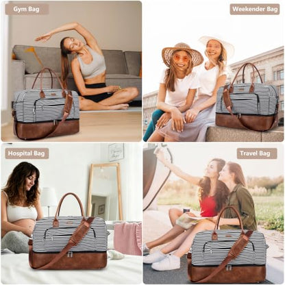 Large Women Travel Weekender Bag: Carry on Duffle with Shoe Compartment - color: Black Striped Basic