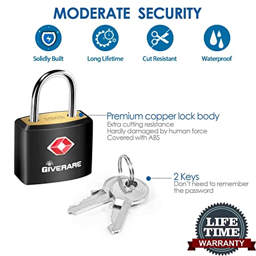 8 Pack TSA Approved Travel Luggage Locks with Keys, Solid Brass Copper Keyed Padlock, ABS Plastic Covered Small Locks for Suitcase, Backpack, Gym Locker, Jewelry Box-by GIVERARE - size: Small (Pack of 2)