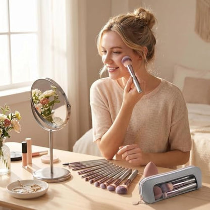 Travel Makeup Brush Set with Case & Sponge for Foundation Powder Blush 14 - color: Champagne