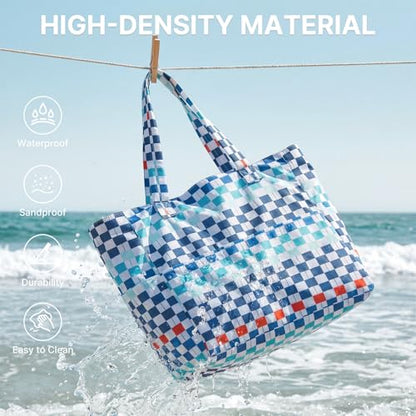 G4Free Large Beach Bag Waterproof Sandproof, Zipper Pool Tote for Women - color: Blue Red Checkered, size: 35L