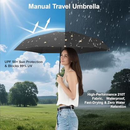 Mini Travel Umbrella, UPF 50+ Purse Umbrella with Case and Carabiner - color: Black with Heart-8 Ribs