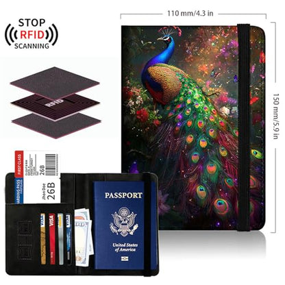 Passport Cover,Multi-Functional Travel Wallet,Stylish & Durable RFID Blocking Passport Holder, Travel Essentials for Men and Women,Peacock Feather - color: Peacock Feather