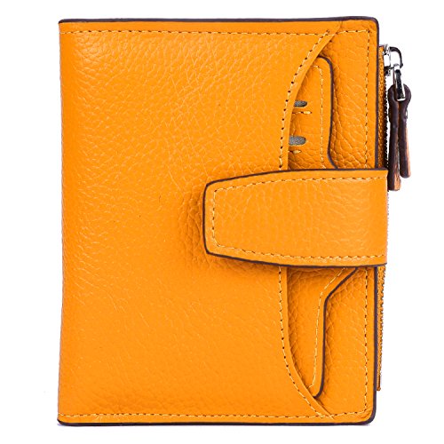 Women's RFID Blocking Leather Small Compact Bi-fold Zipper Pocket Wallet Card Case Purse with id Window - color: Lichee Yellow
