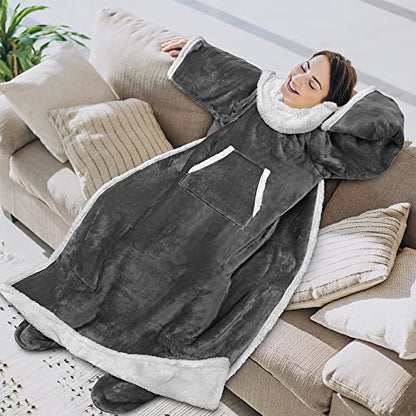 PAVILIA Sherpa Blanket with Sleeves, Foot Pockets for Women Men, Dark Gray - color: Charcoal, size: Sherpa