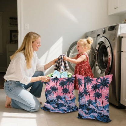Travel Laundry Bags 2 PC Wet Dry Bag with Handle Dirty Clothes Organizer for Swimsuits Beach Camping Waterproof Washable Palm Tree Wave Pink - color: Palm Tree Wave Pink