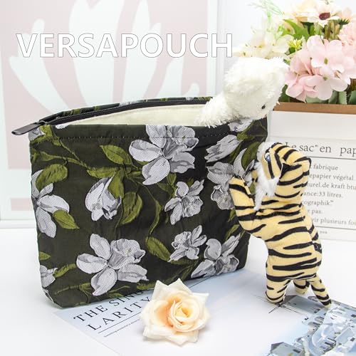 Flat Makeup Bag for Women,Zipper Cosmetic Pouch Purse,Brocade Floral Black - color: Brocade Floral Black