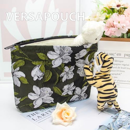 Flat Makeup Bag for Women,Zipper Cosmetic Pouch Purse,Brocade Floral Black - color: Brocade Floral Black