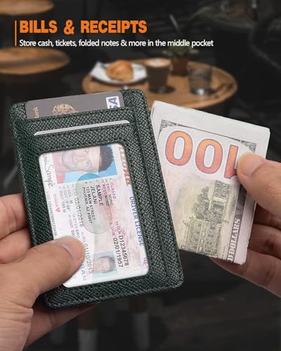RUNBOX Slim Wallet for Men and Women, RFID Blocking Leather Card Holder - color: HERM NEW-Palm Lines Green