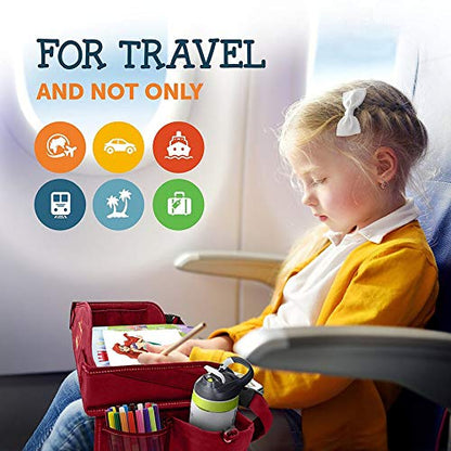 Coolmum 2-in-1 Kids Toddler Travel Tray & Back Seat Organizer — Foldable Waterproof Car Tray with Tablet Holder, Cup Holder, Storage Pockets for Road Trips & Airplane (Premium Red) - color: Premium Red