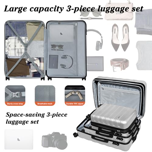 KEYTANG Zebra Luggage Sets 3 Piece, 20" Carry On Luggage with Spinner Wheels, Hardside Business Travel Suitcase Set with TSA Lock, Lightweight Suitcase,20/24/28 inch,Silver - color: Silver, size: 555-3PCS