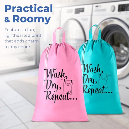Handy Laundry Extra Large Travel Laundry Bags 2-Pack – Heavy Duty, Water-Resistant, Holds 4 Loads, Drawstring Closure, Fun Print for Camping, Dorms, Travel, Pink-Teal, 24 x 36 in - color: Pink-teal | Wash Dry Repeat