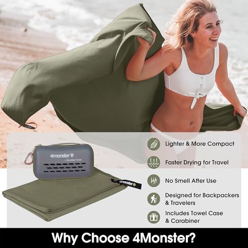 4Monster Quick Dry Microfiber Towel, Camping & Travel & Gym Towel with Case - color: Army Green, size: 40.00" x 20.00"