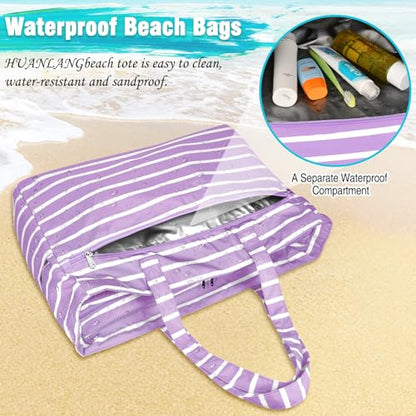 HUANLANG Extra Large Beach Bag Waterproof Beach Totes Bags for Women Men,Pool Bag with Zipper Wet Pocket - color: Purple White