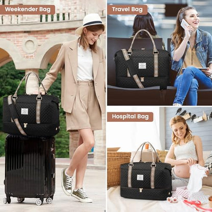 LOVEVOOK Travel Duffle Bag,Weekender Bags for Women with Shoe Compartment - color: Black-tape2, size: Large-2 Pcs