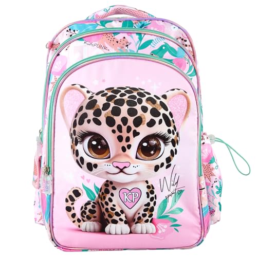 KidsPUNK Backpack for Girls Elementary:16 Inch Cute Leopard School Bookbag - color: Leopard