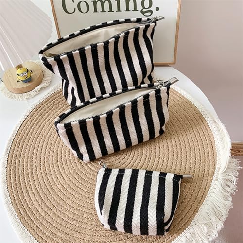 HAPPYHEIDI Aesthetic Makeup Bag Travel Cosmetic Pouch, Striped, Large - color: Black White Striped, size: Large