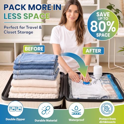 FUNFERY 20 Pack Vacuum Seal Bags for Clothing Travel,Vacuum Storage Bags with Pump,Compressing Packing Bag for Clothes,Blankets,Comforters,Home Storage,Space Saving Bag for Moving Supplies-Combo Set