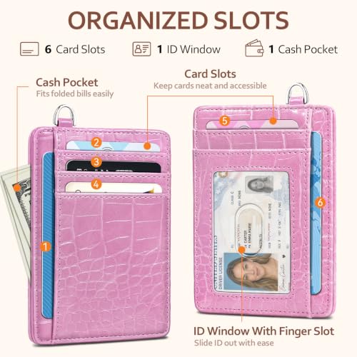 Coco Rossi Crocodile Wallet Women Slim Credit Card Holder with Keychain - color: A Peach Pink Croc