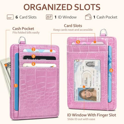Coco Rossi Crocodile Wallet Women Slim Credit Card Holder with Keychain - color: A Peach Pink Croc