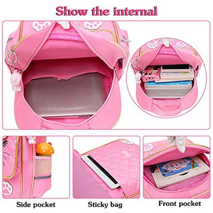Cute Cat Pink School Backpack with Lunch Bag for 8-16 Year Old Girls, Elementary School Bags Bookbags for Kids - color: Hpcatpink-lunch