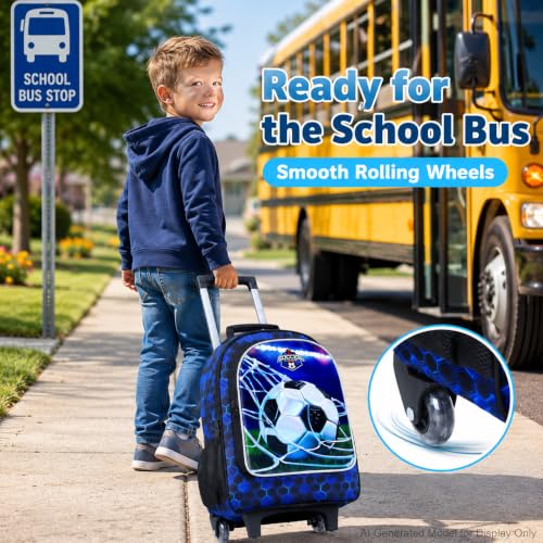 gxtvo Kids Rolling Backpack, Roller Wheels Boys Bookbag, Wheeled Suitcase Elementary School Bag-3PCS Dinosaur/Unicorn/Mermaid - color: Uv Printing Green Soccer Rolling Backpack