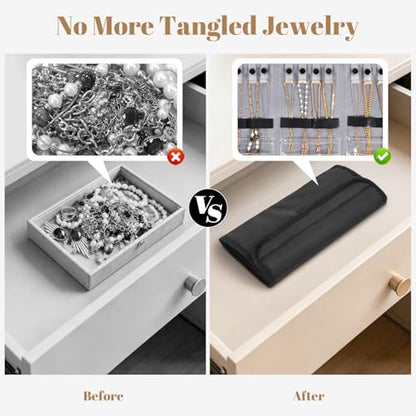 Travel Jewelry Organizer Case, Anti-Tangle Necklace Roll Bag with 12 Hooks & Clear Pockets, Foldable Chains Bracelets Storage for Women, Portable Lightweight Jewelry Holder