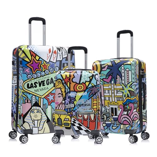 InUSA Cities Print Luggage with Spinner Wheels | Durable Lightweight Hardside Suitcase | Travel Bag with Handle and Trolley | (20in, 24in, 28in) 3 Piece Set - color: Cities, size: 3 Piece Set (20/24/28)