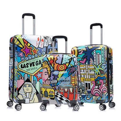 InUSA Cities Print Luggage with Spinner Wheels | Durable Lightweight Hardside Suitcase | Travel Bag with Handle and Trolley | (20in, 24in, 28in) 3 Piece Set - color: Cities, size: 3 Piece Set (20/24/28)