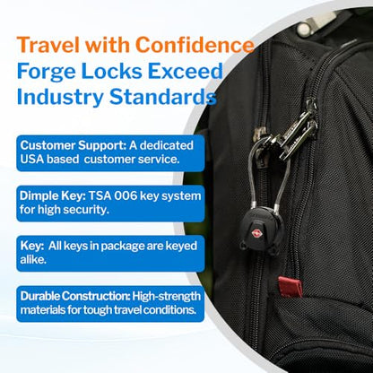 FORGE TSA Approved Luggage Locks Keyed Alike, TSA006 Dimple Key Cable Locks for Luggage, All Metal Zinc Alloy Travel Padlock for Luggage, Suitcase, Backpack, Gym Bags & Toolbox, Black 4 Cable Locks - size: Black 4Pk