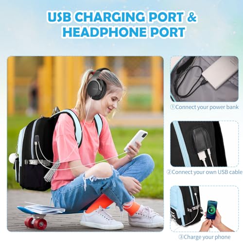 ACESAK 3PCS Teen Girls Backpack with Lunch Bag Set&USB Charging Port,Blue - color: Black & Blue