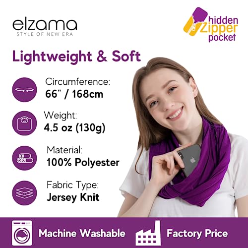 elzama Infinity Loop Solid Color Scarf With Hidden Zipper Pocket For Women - Lightweight Travel Neck Wrap - color: 05-dark Purple