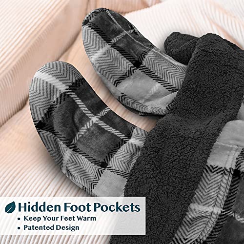 PAVILIA Sherpa Blanket with Sleeves, Foot Pockets for Women Men, Plaid Gray - color: Plaid Charcoal, size: Sherpa