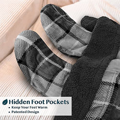 PAVILIA Sherpa Blanket with Sleeves, Foot Pockets for Women Men, Plaid Gray - color: Plaid Charcoal, size: Sherpa