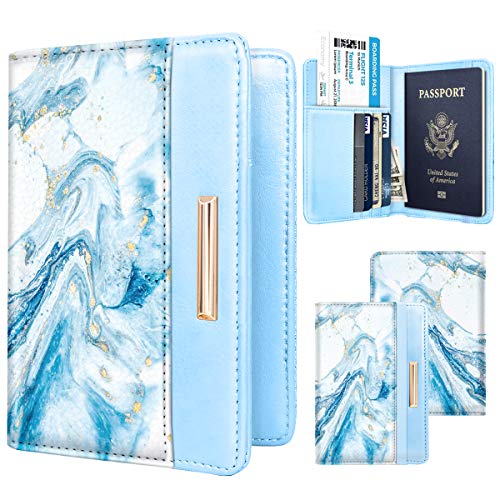 Coco Rossi Passport Holder for Travel Women Slim RFID Passport Cover Wallet - color: Blue Marble