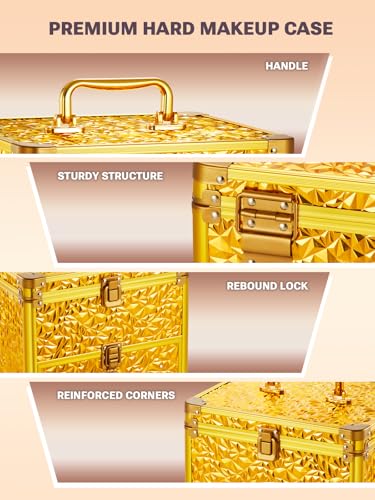 Qislee Makeup Box with Detachable Magnetic LED Mirror, Travel Train Case - color: Bling Gold, size: Large
