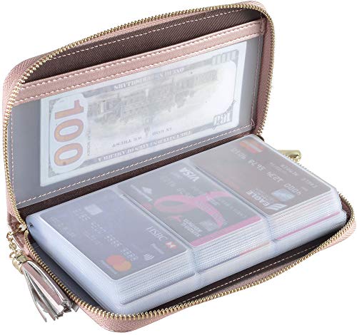 Easyoulife Credit Card Holder Wallet Womens Zipper Leather Case Purse RFID Blocking - color: Rose Gold