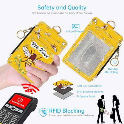 2-in-1 ID Badge Holder & Lanyard Wallet，Cute Zippered Pouch Bee Kind - color: Bee Kind