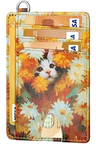 FurArt Slim Minimalist Wallet RFID Credit Card Holder for Men - color: Daisies and Cat