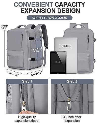 WONHOX Large Travel Laptop Backpack Expandable Flight Approved Backpack Carry on Backpack for Women Men Waterproof 17inch Laptop Daypack Hiking Work Backpack with Shoe Compartment Grey - color: A9-grey