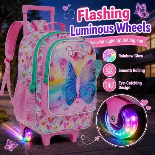 AGSDON 3PCS Rolling Backpack for Girls Boys, Kids Roller Wheels Bookbag, Wheeled School Bag with Lunch Bag - color: Rolling Butterfly Pink Backpack