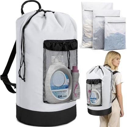 150L Laundry Bag Backpack with 3 Sizes Mesh Wash Bags and Shoulder Straps - color: White, size: 150L