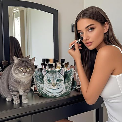 Cat Shaped Drawstring Makeup Bag for Women - Grey Tabby Cat Design Cosmetic Case - color: Grey Tabby Cat
