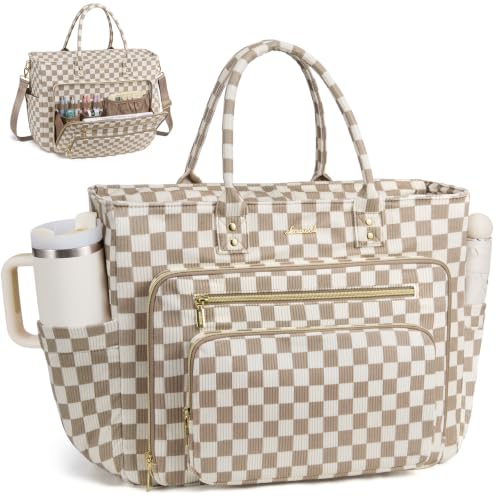 LOVEVOOK Teacher Tote Bag for Women Work, 15.6" Nurse Laptop Tote Bag - color: Checkerboard Print-beige-khaki, size: 17.3 inch