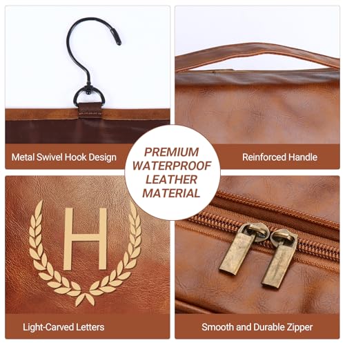 OXYEFEI Personalized Hanging Travel Toiletry Bag Gift for Men,Engraved Initial PU Leather Mens Large Toiletry Travel Essential Organizer Dopp Kit Shaving Bag for Him Birthday (N, Light Brown) - style: N