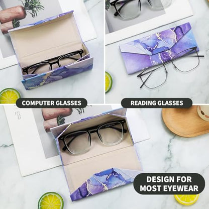 Foldable Glasses Case, Magnetic PU Leahter Sunglasses Case, Cute Hard Shell Folding Eyeglass Cases for Women Kids - color: Purple Marble