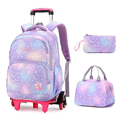 3Pcs Rolling Backpack for Girls Dream Princess Wind Bookbag with Wheels Travel Bag Trolley School Bag with Lunch Box Purple - color: 3 Pcs Purple-6 Wheels, size: 3 Pcs 6 wheels